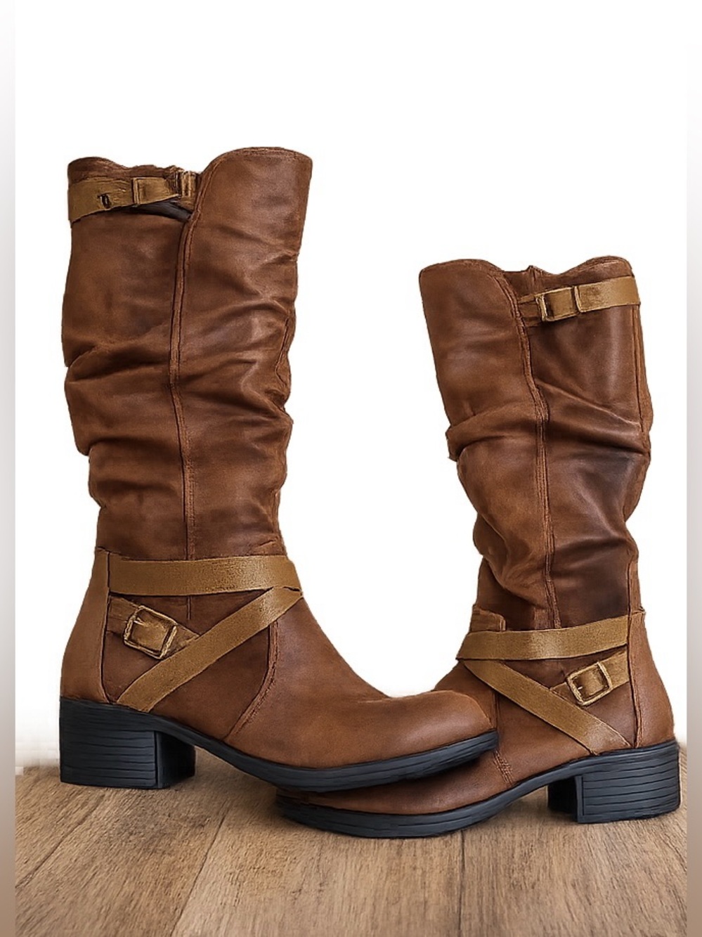 Women's Brown Mid-Calf slouch Buckle Boots
